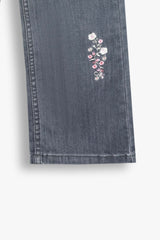 Girls Grey Wide Leg Flower Embroidered Pant