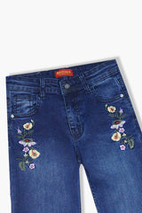 Girls Dark  Blue Flare Yellow Flower Embroidered Pant