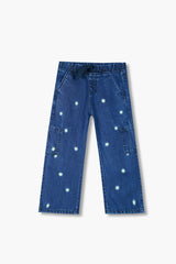 Girls Blue Super Soft Wide Leg Flower 6 Pocket Embroidered Trouser