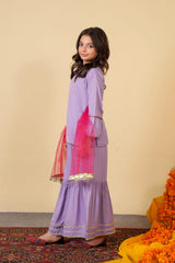 Lavender Gharara Suit with Short Shirt & Net Dupatta | Festive Kidswear