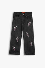 Girls Charcoal Wide Leg Flower Embroidered Pant
