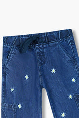 Girls Blue Super Soft Wide Leg Flower 6 Pocket Embroidered Trouser