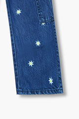 Girls Blue Super Soft Wide Leg Flower 6 Pocket Embroidered Trouser