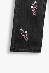 Girls Charcoal Wide Leg Flower Embroidered Pant