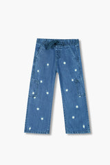 Girls Light Blue Super Soft Wide Leg Flower 6 Pocket Embroidered Trouser