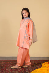 Peach Embroidered 3-Piece Cotton Suit for Girls | With Pockets & Dupatta