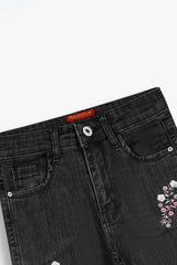 Girls Charcoal Wide Leg Flower Embroidered Pant