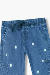 Girls Light Blue Super Soft Wide Leg Flower 6 Pocket Embroidered Trouser