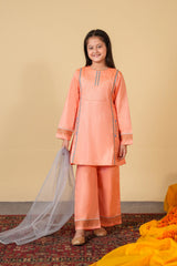Peach Embroidered 3-Piece Cotton Suit for Girls | With Pockets & Dupatta