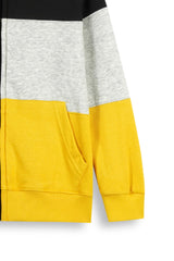 Kids Black-Grey-Yellow Color-Block Zip-Up Hoodie – 100% Cotton Fleece