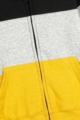 Kids Black-Grey-Yellow Color-Block Zip-Up Hoodie – 100% Cotton Fleece