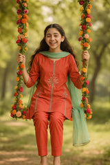 Cotton Peach Embroidered  3 Pcs Suit With Net Dupatta