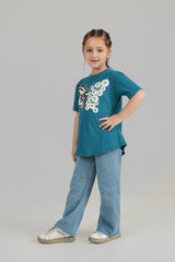 Girls Ice Blue  Wide Leg  Flower Embroidered Pant