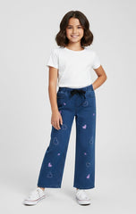 Girls  Blue Wide Leg Pink Heart Embroidered Trouser