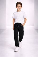 Boys Black Cotton 6 Pocket Cargo Trouser