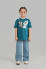 Girls Ice Blue  Wide Leg  Flower Embroidered Pant