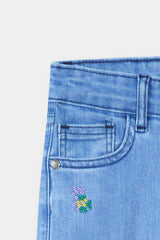 Girls Ice Blue  Wide Leg  Flower Embroidered Pant
