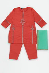 Cotton Peach Embroidered  3 Pcs Suit With Net Dupatta