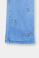 Girls Ice Blue  Wide Leg  Flower Embroidered Pant