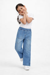 Girls  Light Blue Wide Leg 6 Pocket Carpenter Style With Bottom Loop