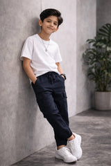 Boys Blue Cotton 6 Pocket Cargo Trouser