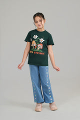Girls Ice Blue  Wide Leg  Heart Embroidered Pant