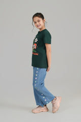 Girls Ice Blue  Wide Leg  Heart Embroidered Pant
