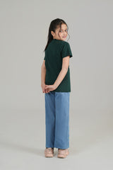 Girls Ice Blue  Wide Leg  Heart Embroidered Pant