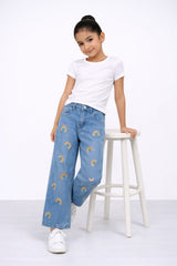 Girls Blue Wide Leg Rainbow Embroidered Pant