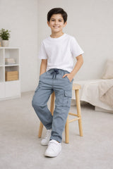 Boys Gray Cotton 6 Pocket Cargo Trouser