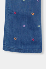 Girls Mid Blue  Wide Leg  Embroidered Pant