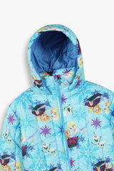 Frozen Kids Puffer Jacket | Winter Hooded Coat with Elsa, Anna & Olaf Print