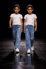 Girls Light Blue  Wide Leg Unicorn Embroidered Pant