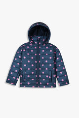 Girls Navy Polka Dot Puffer Jacket | Warm Winter Hooded Coat | Lightweight Outerwear