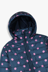 Girls Navy Polka Dot Puffer Jacket | Warm Winter Hooded Coat | Lightweight Outerwear