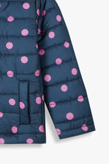 Girls Navy Polka Dot Puffer Jacket | Warm Winter Hooded Coat | Lightweight Outerwear