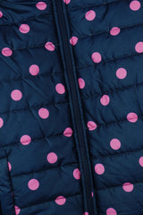 Girls Navy Polka Dot Puffer Jacket | Warm Winter Hooded Coat | Lightweight Outerwear