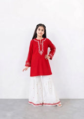 Girls Red Embroidered Kurta with White Printed Gharara – 2 Piece Traditional Festive Outfit