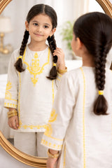 Girls Eastern Cotton Suit – Off-White with Yellow Embroidery