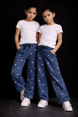 Girls Blue Super Soft Wide Leg Flower 6 Pocket Embroidered Trouser