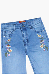Girls Light Blue Flare Yellow Flower Embroidered Pant