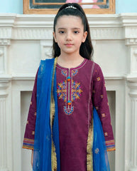 Girls Premium 3-Piece Maroon Embroidered Cotton Suit with Net Dupatta – Festive & Casual Wear