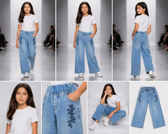 Girls Light Blue Wide Leg Blue Flower Embroidered Trouser.
