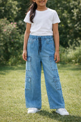 Girls Light Blue Wide Leg Eight Pocket Trouser