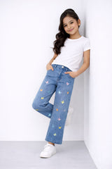 Girls Blue Wide Leg Butterfly Embroidered Pant