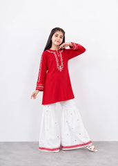 Girls Red Embroidered Kurta with White Printed Gharara – 2 Piece Traditional Festive Outfit