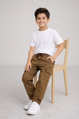 Boys Dark Brown Cotton 6 Pocket Cargo Trouser