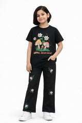 Girls Black Wide Leg Flower Embroidered Pant