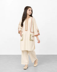Girls Premium Embroidered Ivory Cotton Kurta & Trouser Set | Traditional Ethnic 2-Piece Outfit for Kids