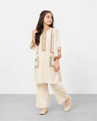 Girls Premium Embroidered Ivory Cotton Kurta & Trouser Set | Traditional Ethnic 2-Piece Outfit for Kids